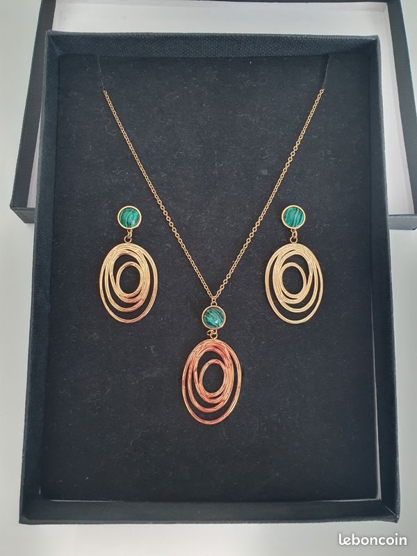 Parure Neuve collier pendentif et boucles d'oreilles Acier et Malachite (image 1)
