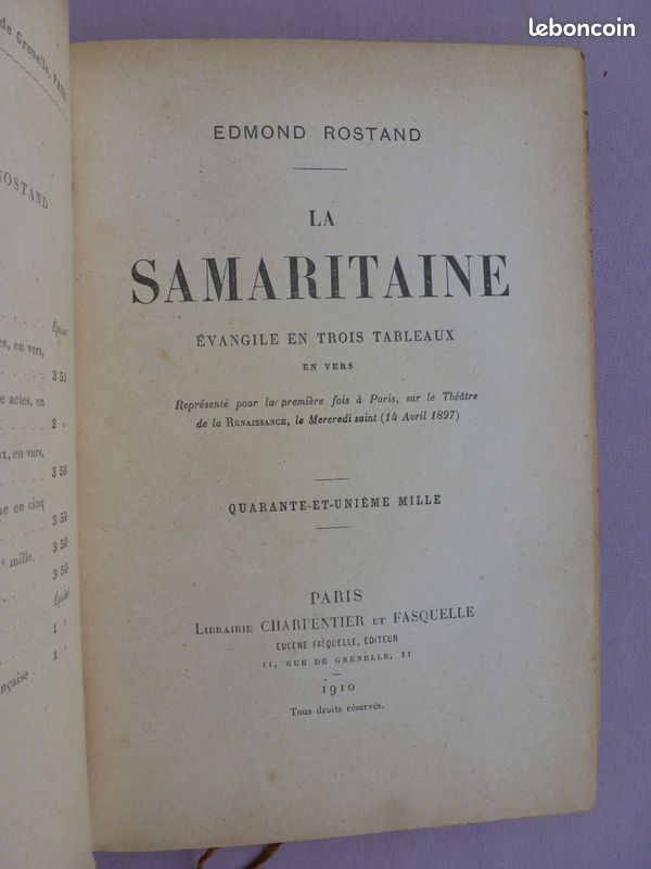Bibliophilie. LA SAMARITAINE. THEATRE. En trois Tableaux en vers. E. ROSTAND 1910 (image 2)