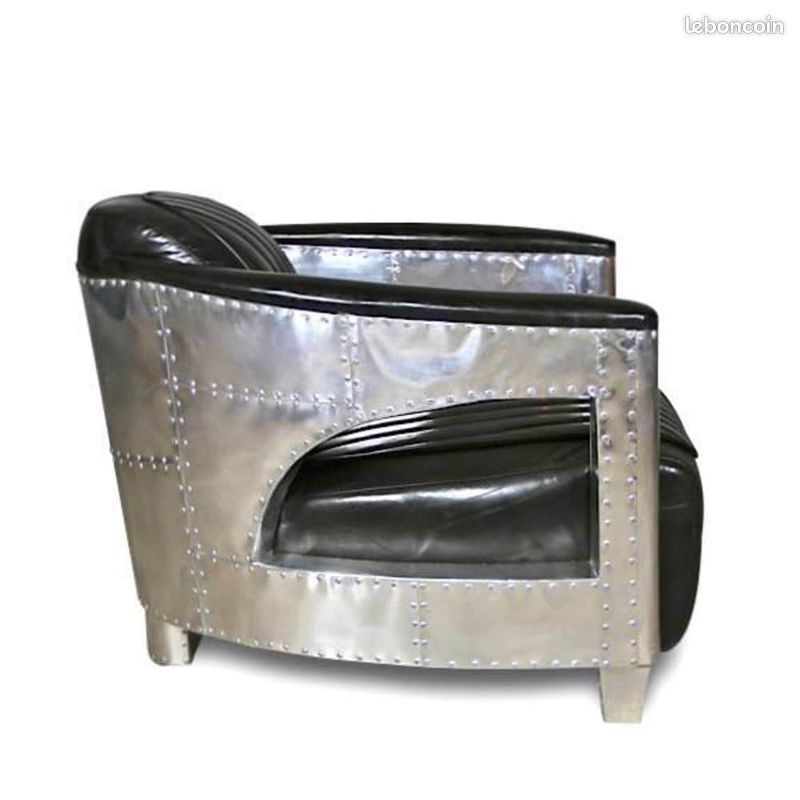 Fauteuil Art Déco Cuir Noir – Style Avion, Aluminium, Reproduction