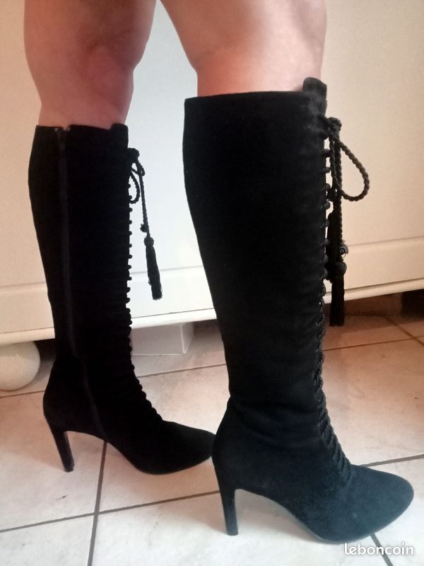 Bottes hautes cuir et daim laçage talon haut boots femme noire