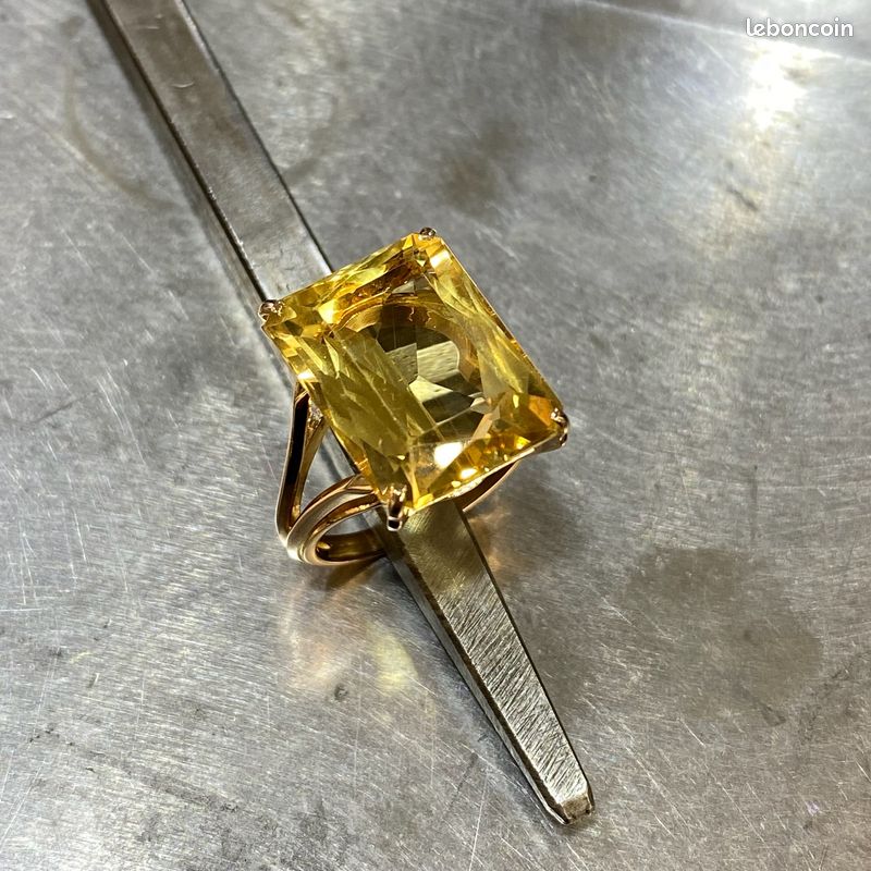 Bague En Or 18 Carats Sertie D'une Citrine - Taille 54 - Style Art Déco - Occasion