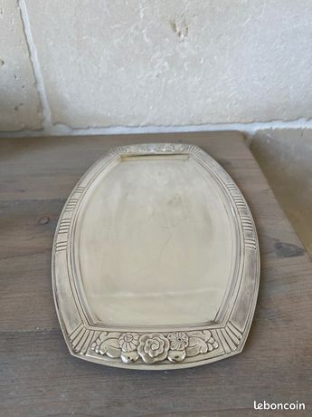 Plat de service ovale à bords lisses en métal argenté vintage trace de poinçon Made in France - France