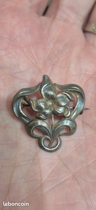 Ancienne Broche En Argent Massif 925 – Style Art Nouveau / Art Déco – Motif Fleurs