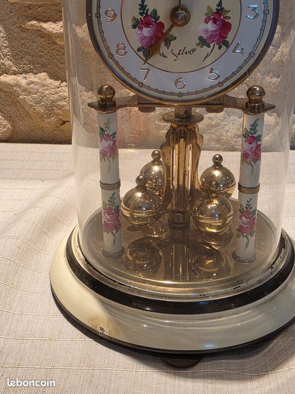 Ancienne Pendule 400 jours Silvo (Koma) - Décor Floral - Sous Globe (image 5)