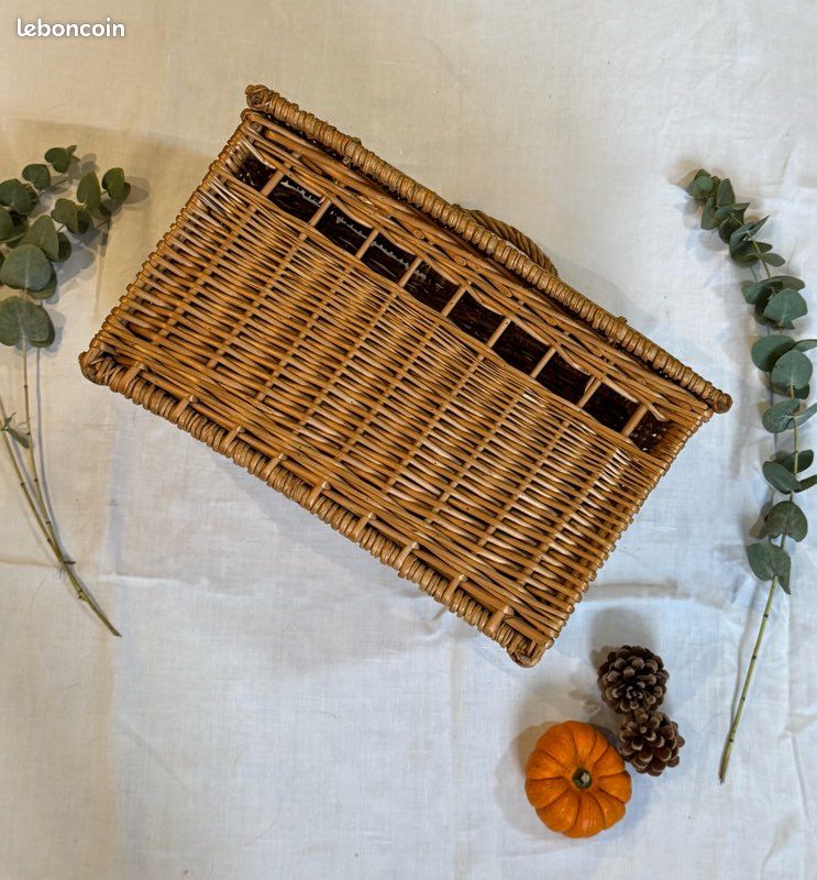Grand Panier En Osier Vintage - Déco Maison Ou Pique-nique - 42x24x29 Cm