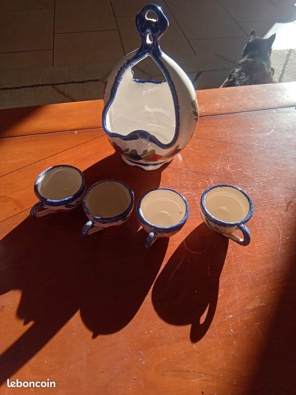 Service à dégustation panier avec 4 petites tasses 4,5x3,5cm avec anses décor fleurs faience de Quimper ht d fir r 5 (image 1)