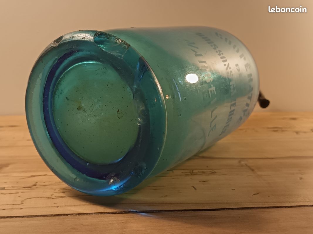 Siphon eau de seltz ancien en verre bleu turquoise – début XXe siècle – vintage déco (image 5)