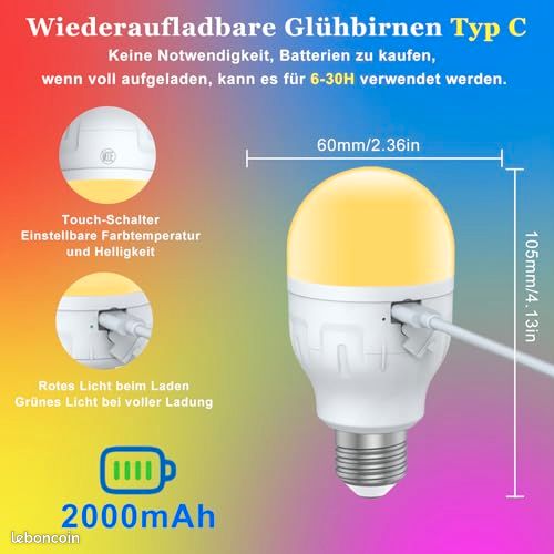 Ampoule Rechargeable USB-C Avec Télécommande, Ampoules LED E27 7W