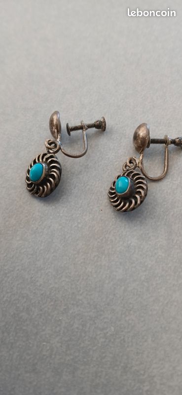 Boucle D'oreille Vintage Années 1970 En Alpaca Argenté Et Turquoise - Vieux Stock Neuf Parfait