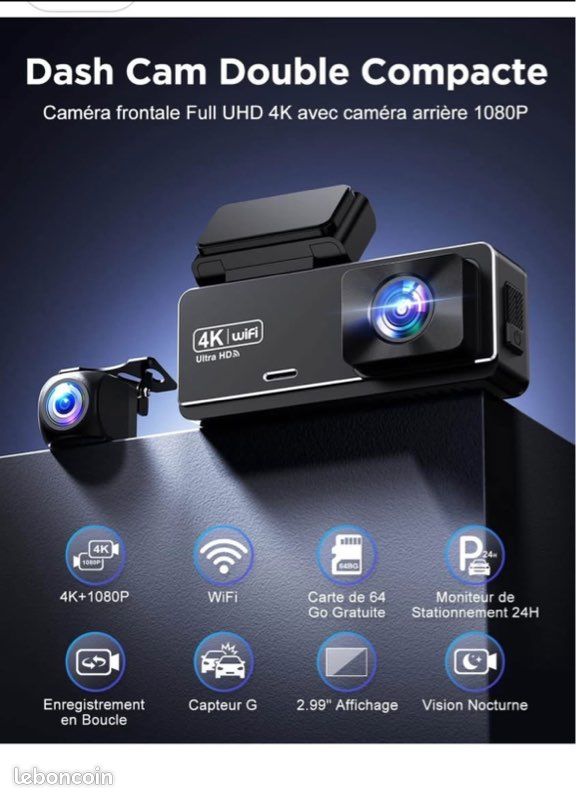 PENEMAY Dashcam Voiture Avant Arrière, 4K+1080P Camera Embarquée Voiture,WiFi Dashcam Carte 64Go