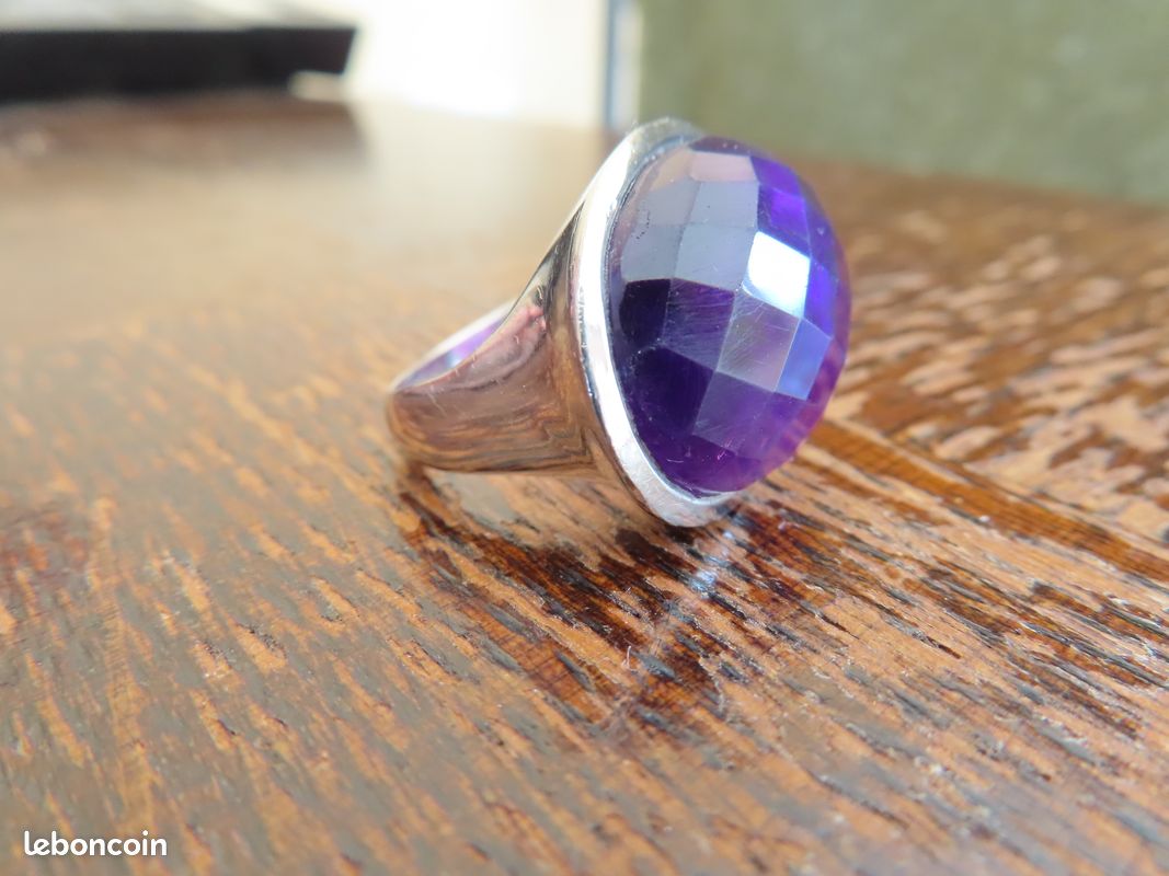 Bague En Argent Massif Avec Perle D'améthyste - Taille 64 - Occasion - Bijou Vintage élégant - Pierre Naturelle