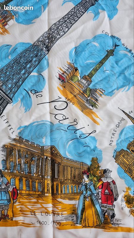 Foulard Carré Ancien En Soie : Tour Eiffel Et Monuments De Paris - Vintage, Bon état