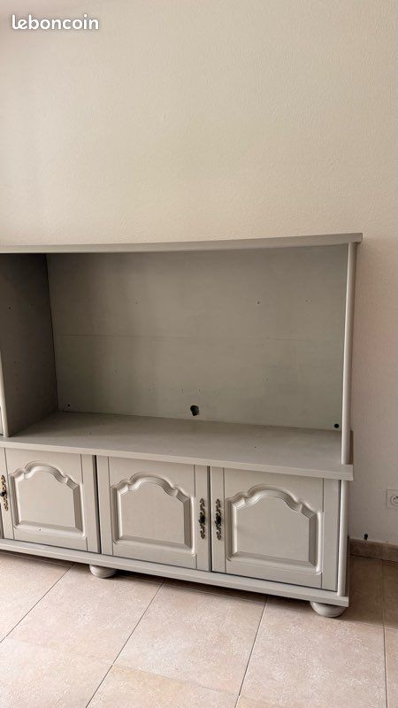 Étagère/buffet Style Campagne Française - Bois Blanc Vieilli, 2 étagères, 3 Tiroirs (L120 X H100 X P35 Cm)