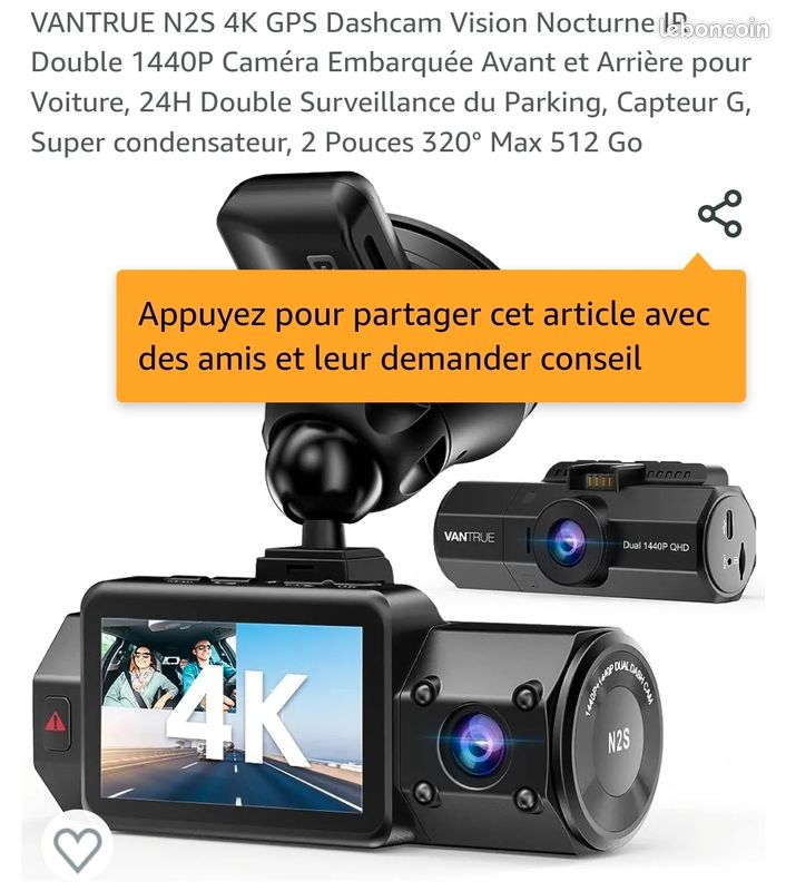 4K Dashcam Avant Arrière GPS - Neuve - Équipement auto