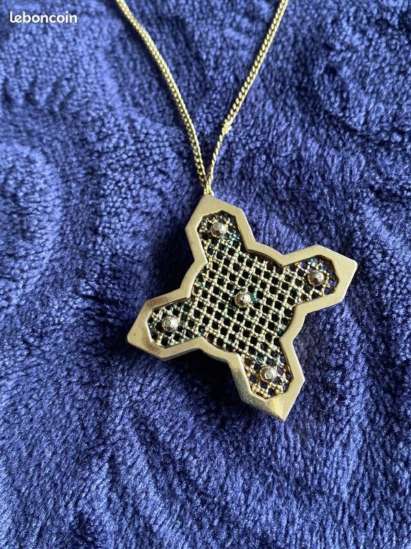 Pendentif Vintage Plaqué Or Jaune 18k Avec Pierre Noire Centrale - Poinçonné