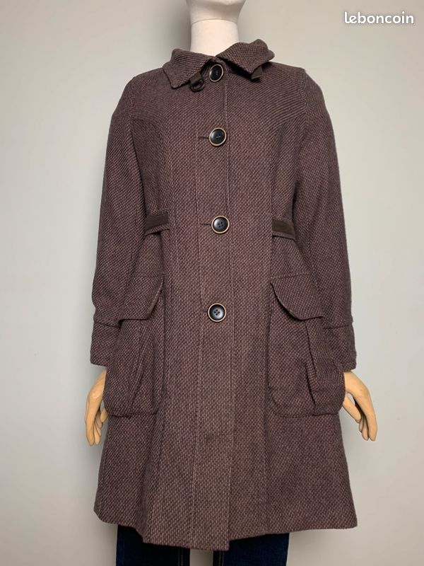 Manteau mi long en majorité laine chiné marron et violine Chattawak #chattawak (image 7)