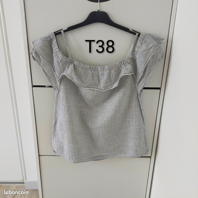 Haut blouse tee shirt femme Kiabi style marin marinière taille 38 blanc et bleu rayé (image 1)