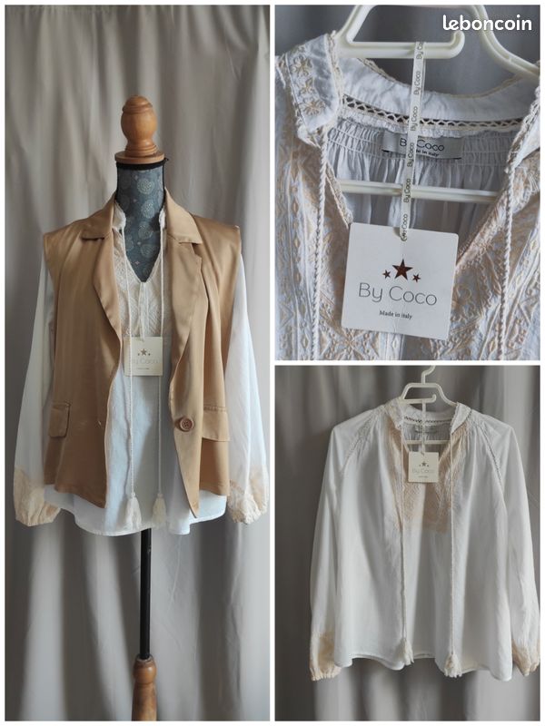 Blouse Neuve By Coco - Taille 48 Au 52 (équivalent L/XL) - Couleur Blanc Et Marron