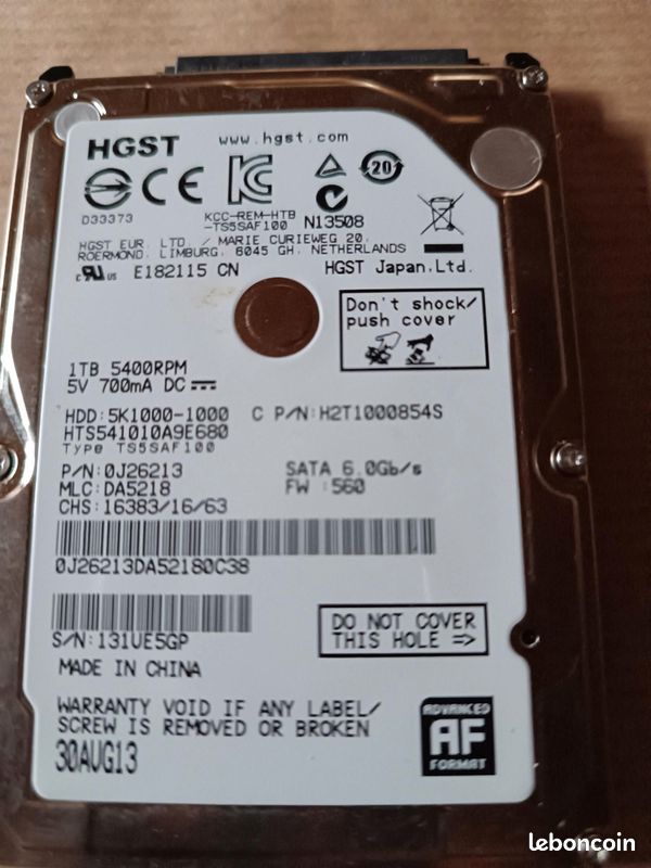 Disque Dur HGST 1 To Modèle 5K1000-1000 - NE DÉMARRE PAS - Pour Pièces Ou Réparation