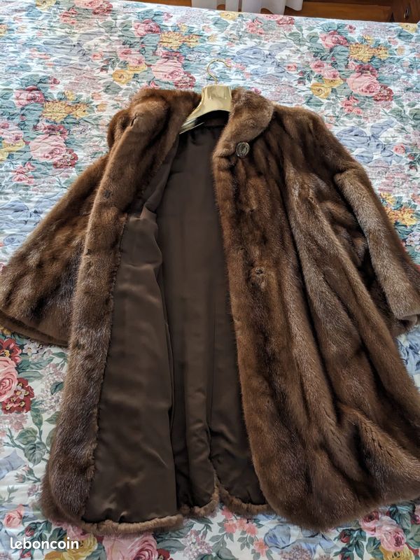 Manteau Vintage En Véritable Fourrure De Vison Marron - Taille 40 (L) - Longueur 105 Cm - Occasion Bon état