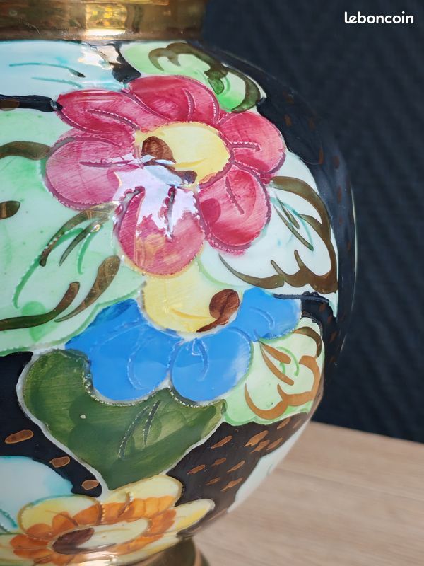 Vase Vintage Céramique Arte Veneziana, Décor Fleurs Peint Main et Dorure Or, Poterie Italienne Ancienne, Déco Shabby Chic Bohème (image 14)