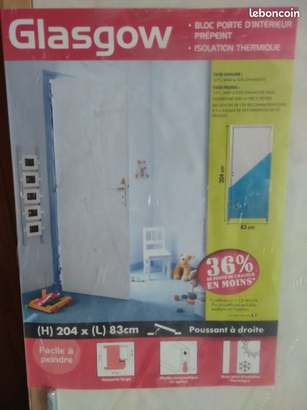 Bloc-porte d'intérieur isolant / isotherme Glasgow 204x83 cm - Poussant DROITE - Neuf sous emballage (image 2)