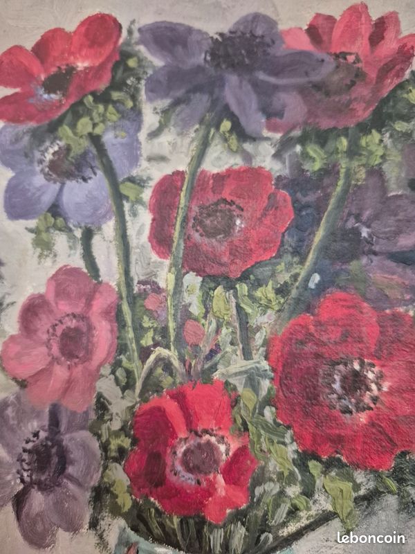 CLAUDE CHAUVIGNAC, ÉCOLE LYONNAISE, " pot fleuri et bouquet d'anèmones" huile sur toile 42 x 33 (6F) (image 9)
