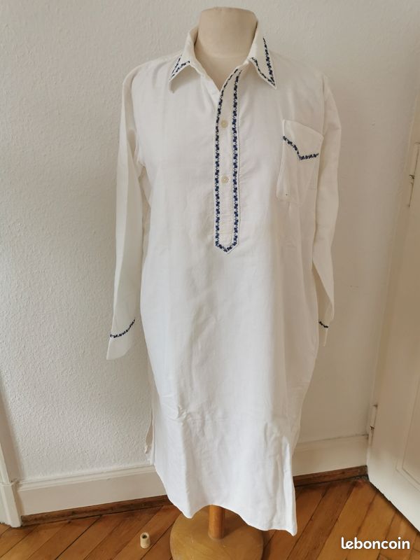 Chemise de nuit homme ancienne blanche liseret bleu en coton