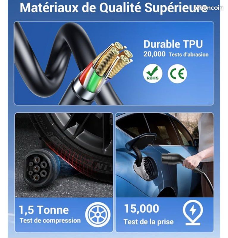Chargeur Voiture Électrique Type 2 3.68 KW 16A 6m - Câble EV Portable Schuko - LED - Sac Rangement