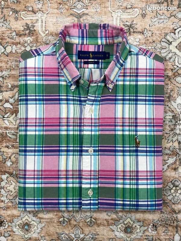 Chemise à carreaux Ralph Lauren Slim Fit rose vert S manches longues homme - #Cl5968 (image 1)