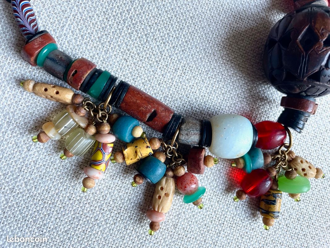Collier indien en pierre verre métal bois os (image 2)