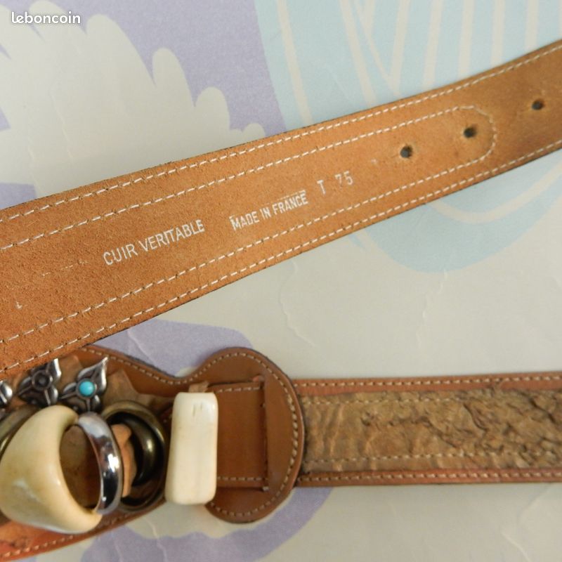 Ceinture vintage western boho turquoise ivory cuir marron 75 leather belt brown (image 3)