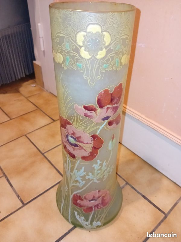 EXCEPTIONNEL : Grand Vase Rouleau Emaillé coquelicots 35 cm Art Nouveau (image 2)