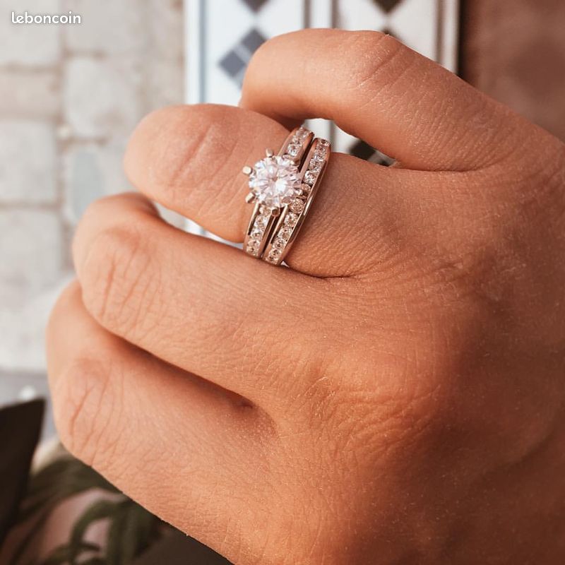 Bague Double Alliance de Mariée Fiançailles Solitaire en Argent