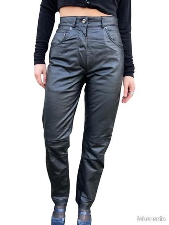 Pantalon Femme En Cuir Noir - Taille 36 - Taille Haute 5 Poches - Très Bon état Occasion