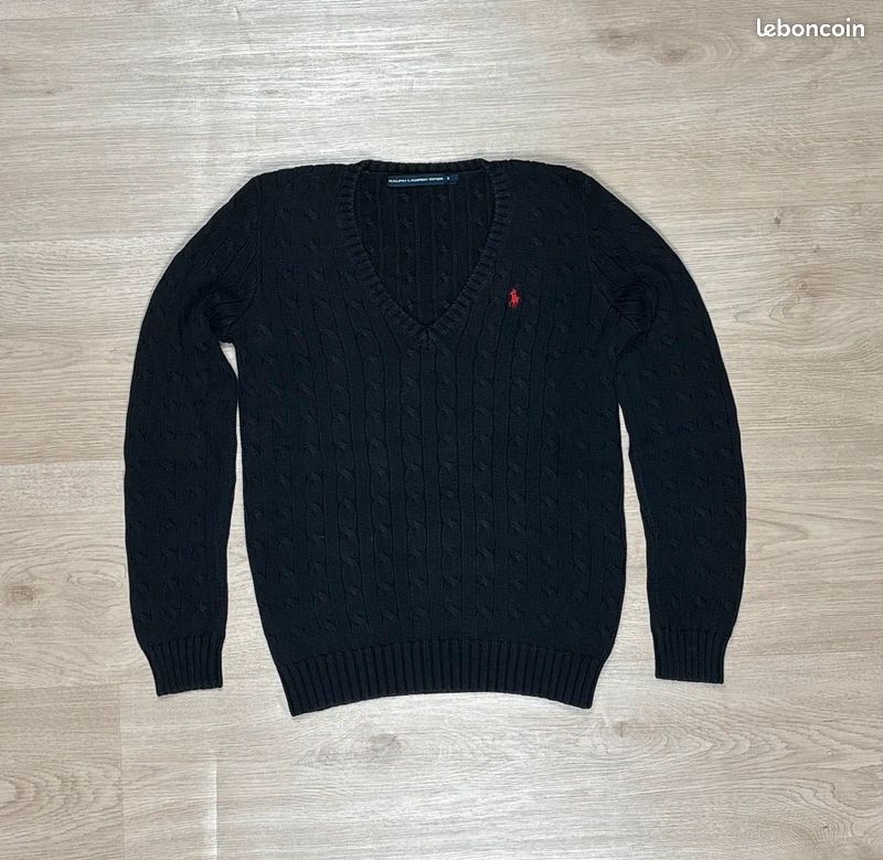 Pull Col Rond en Maille Torsadé Ralph Lauren Noir en Coton Logo Brodé Rouge Taille M Femme (image 2)