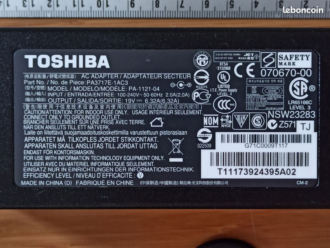 Alimentation / Chargeur Toshiba 19V – 6,32A – 120W (Origine) pour ordinateur portable (image 3)