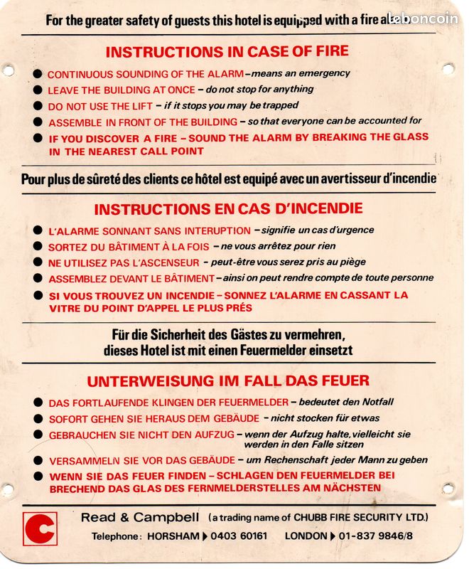 Panneau « Instructions en cas d’incendie » (image 1)