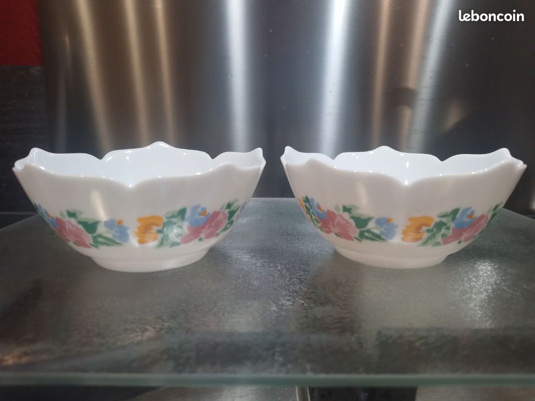Lot De 5 Ramequins Fleuris Arcopal - Vintage 1969 - Blanc Motif Fleur - Fabriqué En France