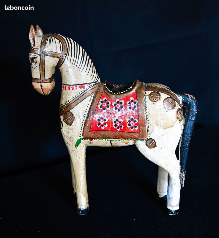 Cheval de mariage indien antique Ghodi peint à la main - Art Hindou du Rajastan - Figurine bois 26 cm (image 1)
