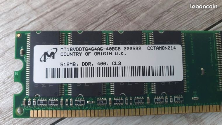 Barrette Mémoire RAM 512 Mo DDR 400 CL3 – MT16VDDT6464AG-40BGB – Occasion