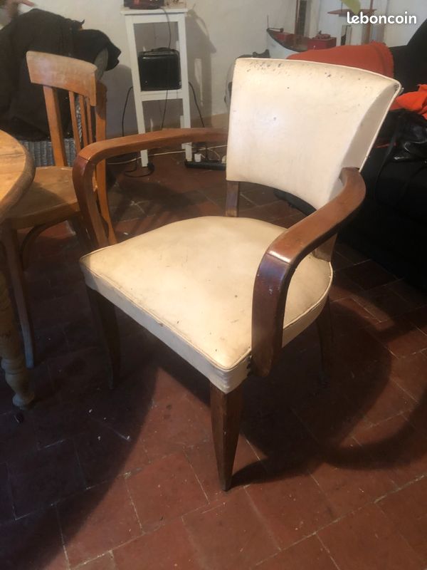 Fauteuil vintage en bois vernis / blanc (image 1)