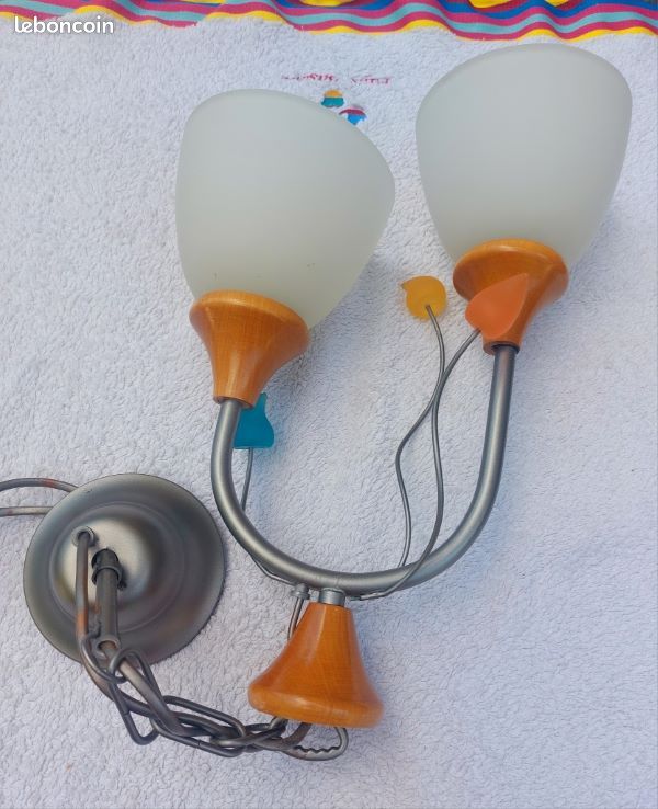 Lustre 2 lumières métal-bois-verre – Design contemporain – Etat neuf (image 1)