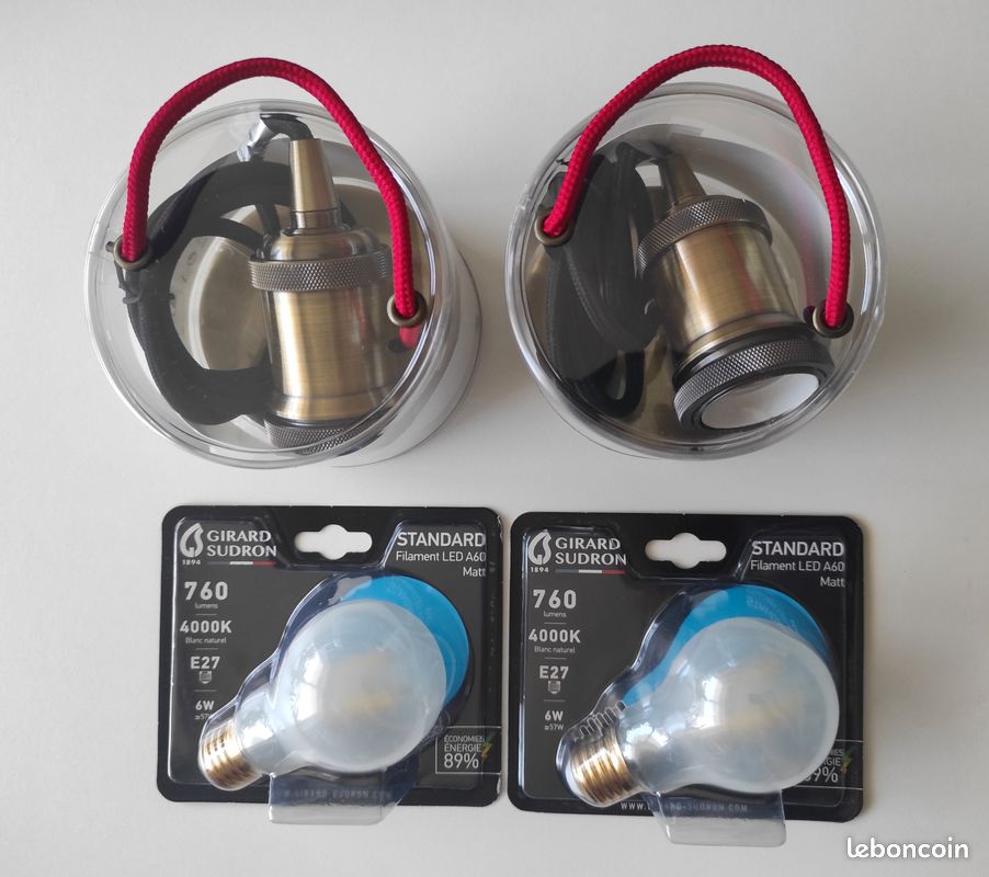 Lot 2 support lampe suspension vintage bronze doré + 2 ampoules blanc naturel (image 1)
