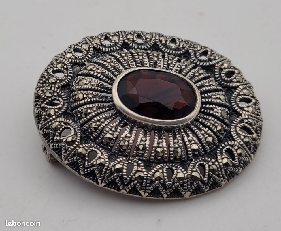 Broche Ancienne Art Déco – Argent Massif 925 Et Onyx – Bijou Vintage
