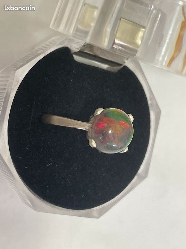 Bague En Argent Massif 925 Avec Opale Naturelle - Taille 63 - Cabochon Vert - Neuf Sans Emballage