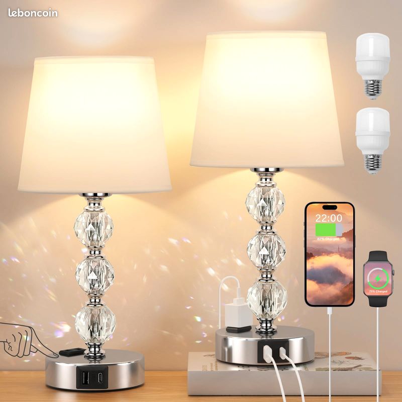Kakanuo Lampe de Chevet Tactile avec Ports USB-A+C+Prise CA, 3 Intensité Variable, Lampe en Cristal Lot de 2, Abat-jour Blanc, Lampes de Table pour Chambre Salon D'enfant Bureau (Ampoules Incluse) [Cl (image 1)
