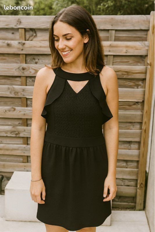 Robe Noire Naf Naf Taille 36 - Style A-Line Longueur Genou - Occasion Très Bon État - Coton