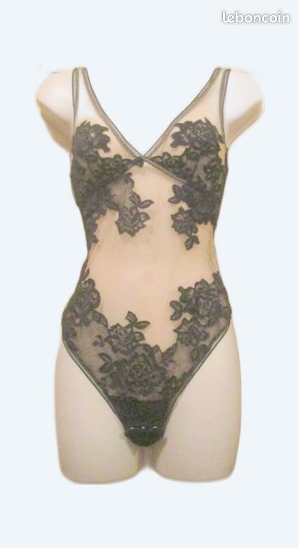Body noir et beige ou chair, transparent, arrière effet string, t. 34 ou t. 36 (image 3)
