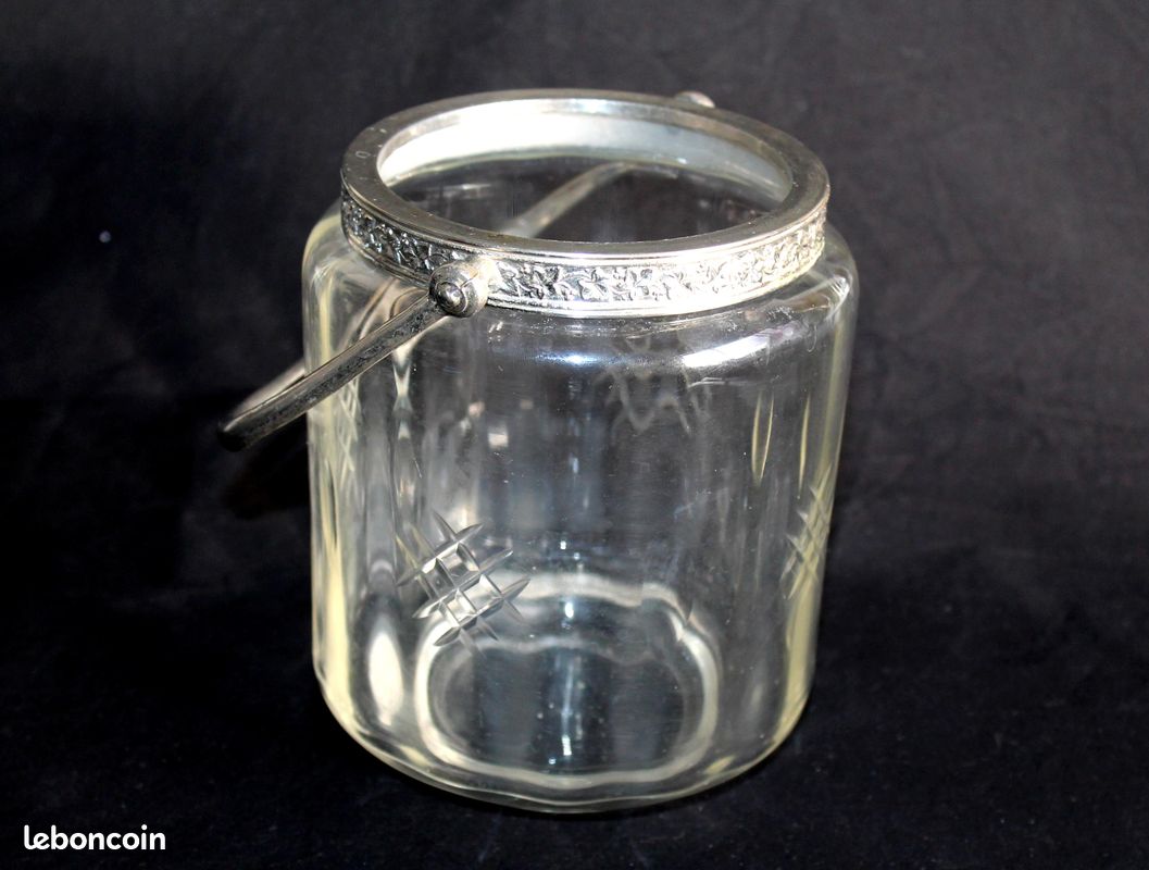 Seau à Glace Ancien En Verre Taillé Des Années 1960 - Anse Inox, Transparent, Vintage